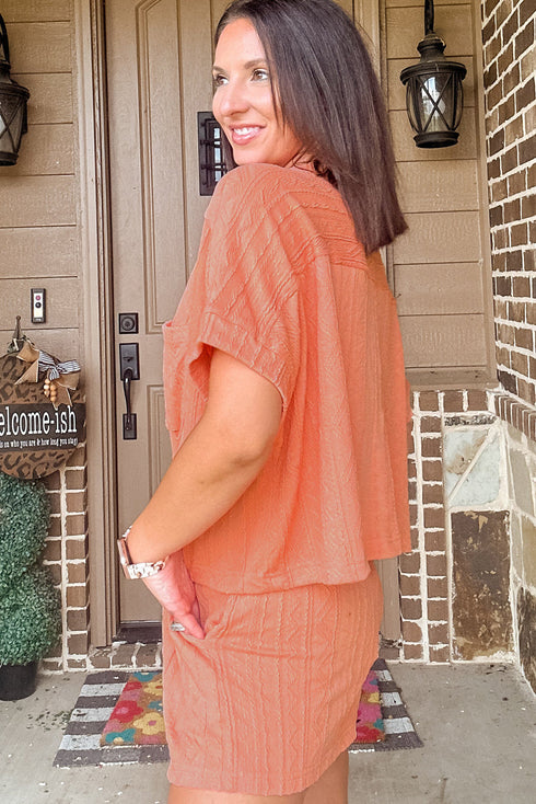 Textured Patched Pocket Short Sleeve Top Drawstring Shorts Set